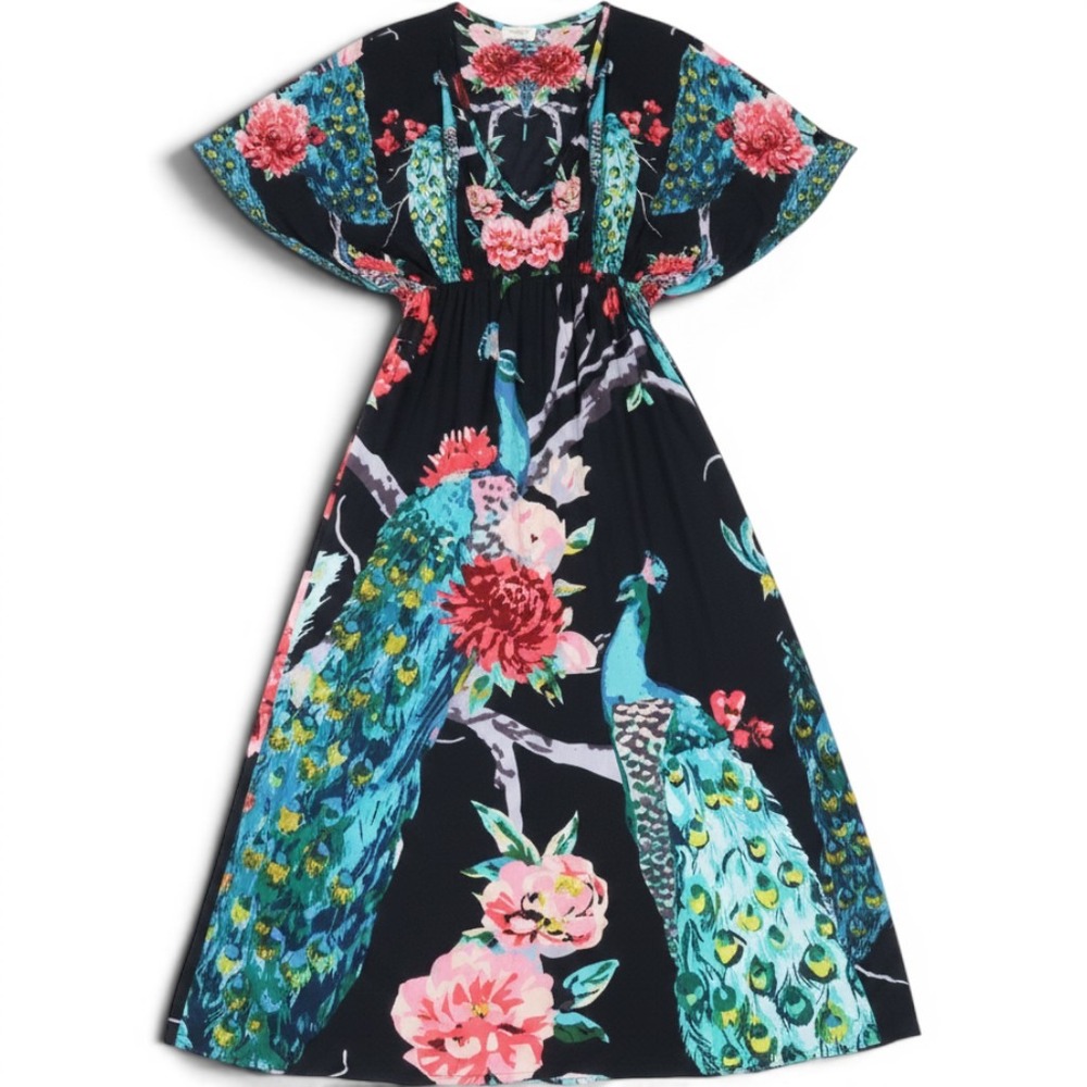 World Market Peacock Floral Maxi Dress Womens S/M Black Boho Resort Flowy Hippie